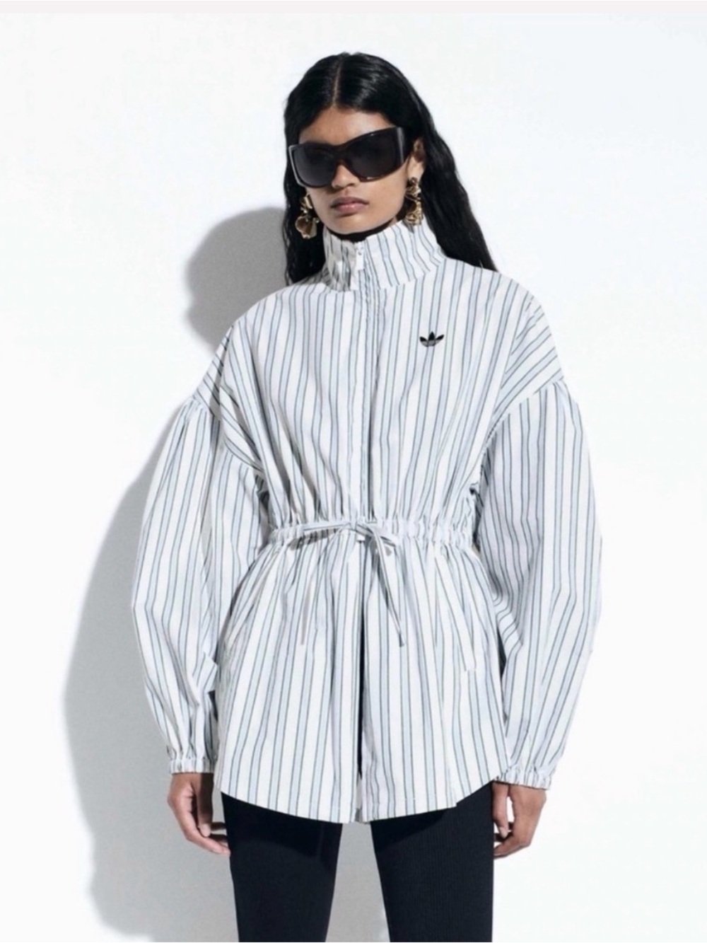 adidas White & Navy Stripe Drawstring Utility Jacket